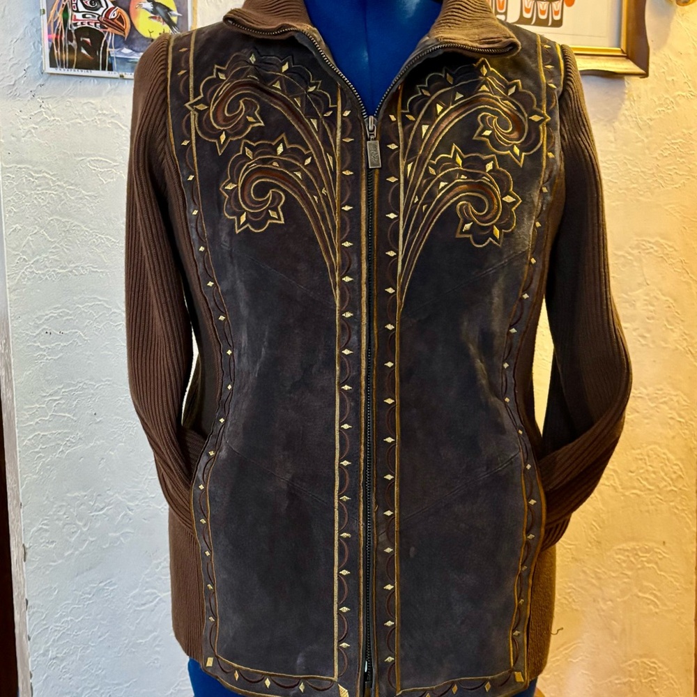 Bob Mackie Vintage Brown Leather Jacket with Gold Embroidery Size Small - Picture 5 of 12